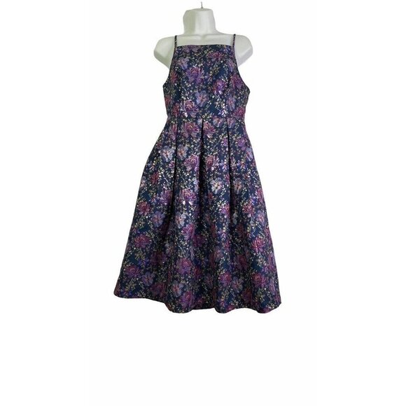 Lace & Mesh Girls Fit Flare Dress Blue Purple Floral Pleated Spaghetti Strap M‎ - Picture 1 of 9